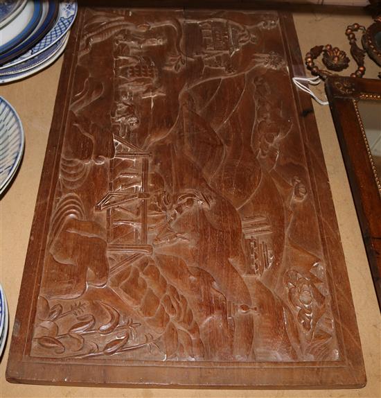 Chinese carved hardwood panel and brass tray and 9 Nepalese plates and a small bowl (faults)